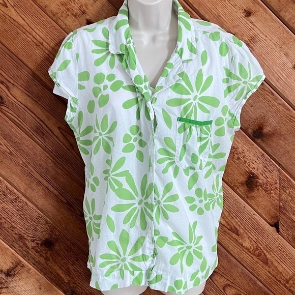 Alfani floral cap sleeve cotton button down lightweight blouse top green white - Picture 3 of 8